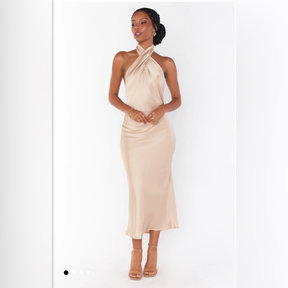 Champagne halter midi bridesmaid dress